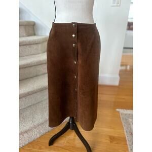 Vintage 70s Miss Selfridge London Brown Suede Leather Button A-Line Midi Skirt